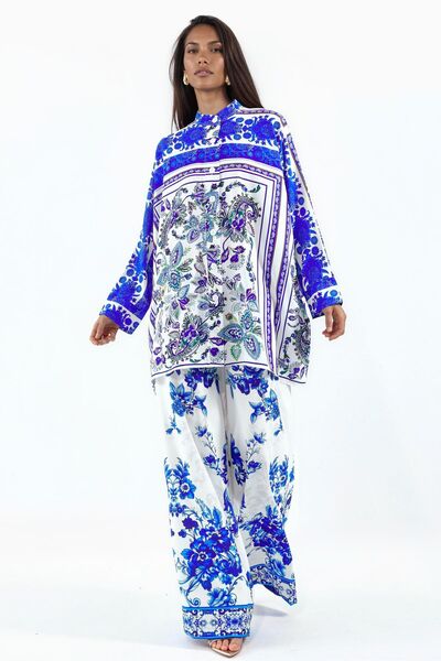 Hiccup Msn Patterned V-Neck Blouse and Wide-Leg Pants Set