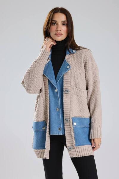 tw3 Women's knitwear denim fabric detailed design jacket cardigan