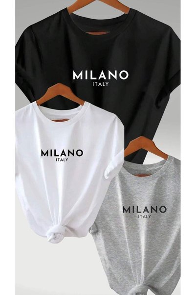 WESTİMO Woman's Black Grey White 3-Piece Milano Printed Oversize T-Shirt