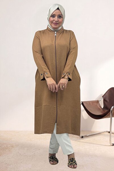 Eslina 63017 Large Size Zippered Melange Linen Cap - Tan