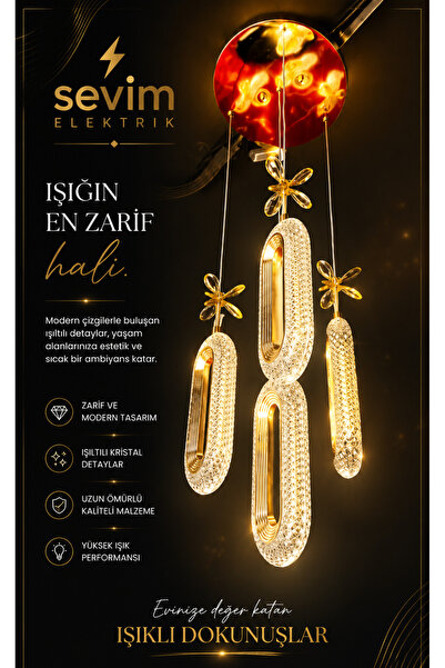 3 renk Modern Gold 4’lü Sarkıt Avize Kristal Cam Görünümlü Kelebek/Yüzük Detaylı LED Salon Yemek Odası Avizesi