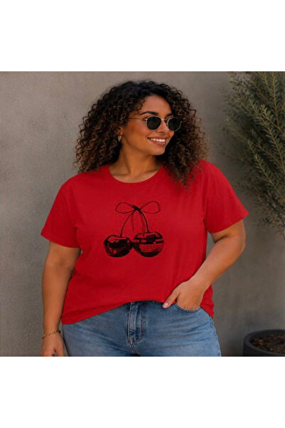 3S MODA Women's Plus Size Basic Cherry Digital Printed T-Shirt