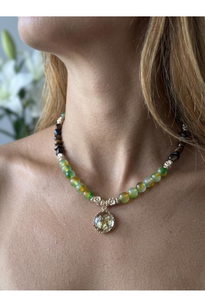 ILSA Green Agate & Tiger's Eye Stone, Resin Dried Flower Necklace