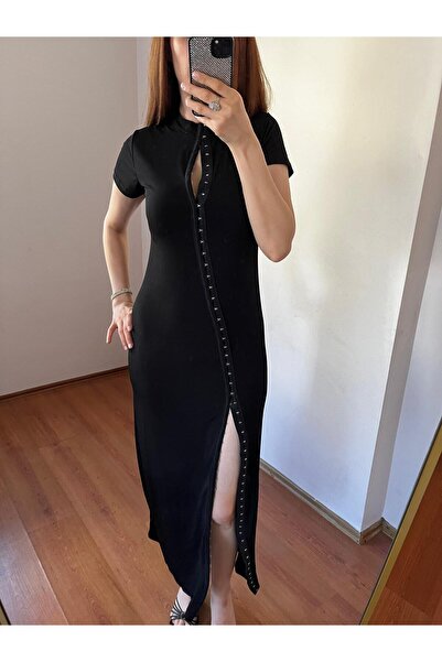 Meros Atelier Black Agraf Detailed Low-Cut Adjustable Long Dress