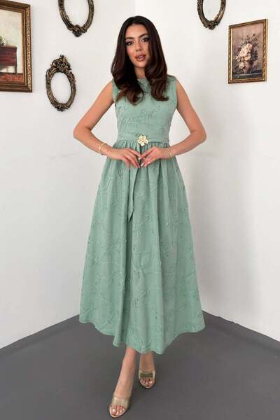 Moda Days Women's Mint Midi Dress with Floral Embroidery, Belted, Gathered, L...