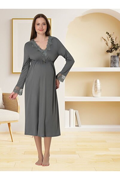 Effortt Dvina Maternity Lace Detailed Long Sleeve Nightgown - Smoked