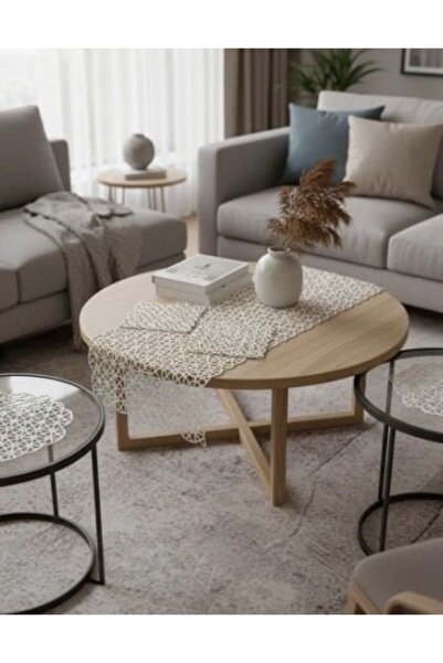 Ceki Home 5-piece living room set lace tablecloth runner set angles model cream