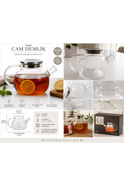 1000 ML Desenli Borosilikat Cam Demlik Paslanmaz Çelik Kapaklı Isıya Dayanıklı Bitki Çay Demliği
