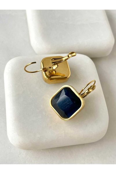 Yonca Çelik Special Series Premium Women's Nişantaşı Steel Dangle Blue Stone Earrings
