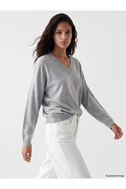 LC Waikiki Gray V-Neck Oversize Women's Knitwear Sweater