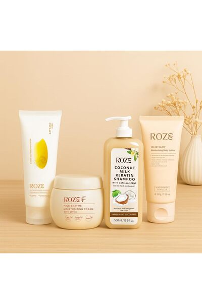 ROZE Glow Pack – Cleanser | Moisturizer | Shampoo | Body Lotion
