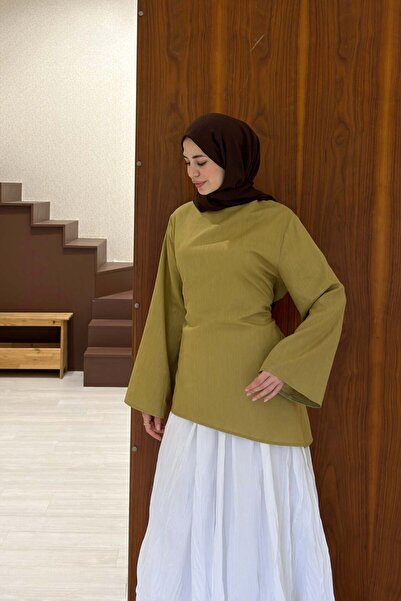 Faya Boutique Yağ Yeşili Kalina Asimetrik Kesim Keten Bluz