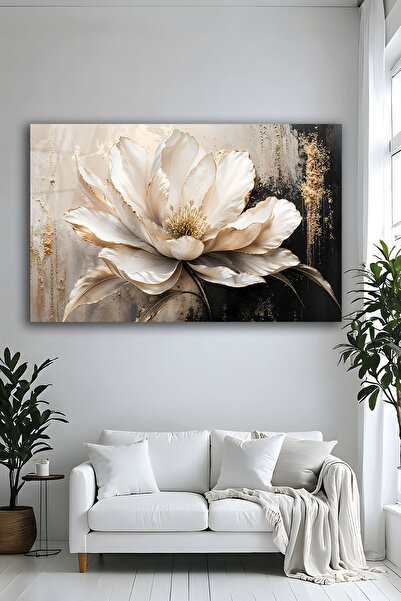 Parıltı Yayınları Gold Krem Dekoratif Modern Beyaz Çiçek Desenli Cam Tablo So...