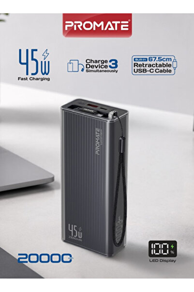 Promate 20000mAh Power Bank with 45W USB-C PD Fast Charging, Retractable USB-...