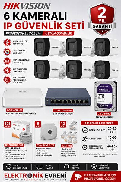 Hikvision 6 Kameralı IP Güvenlik Kamera Seti 2MP Sesli Gece Görüşlü PoE NVR 2...