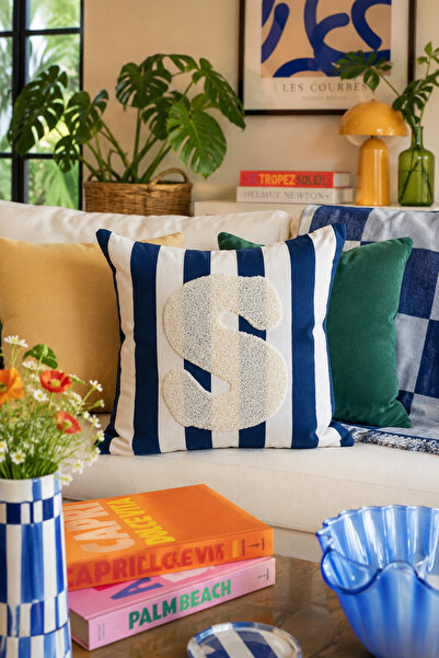 Pilloveland Punch Embroidered Throw Pillow Cover - 43*43 cm - Navy Blue Lette...