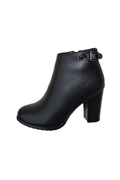 OEM Botina scurta de toamna, nuanta neagra, cu toc gros, varf rotund