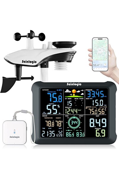 sainlogic Stație meteo inteligentă WiFi, senzor exterior wireless, ecran de 8...