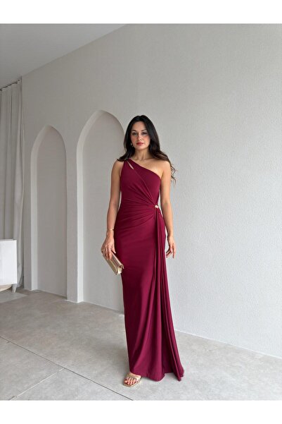Mooi Butik فستان رايا ماكسي بكتف واحد 3741 - أحمر كلاريت