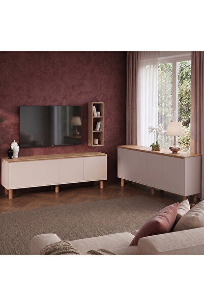 Bimossa G4420 Terra Sepet-Kumtaşı Duvar Raflı TV Ünitesi ve Konsol Takımı