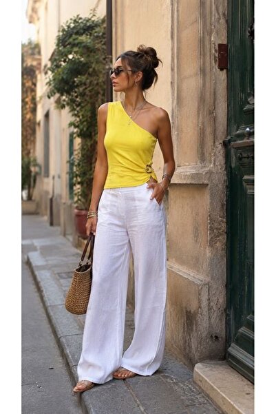 Clothes Fast Ženska žuta bluza sa jednim ramenom, kopčom, rebrastom teksturom...