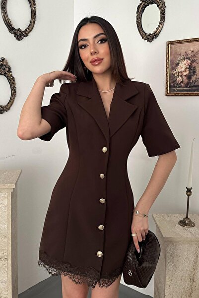 Clothes Fast Women's Brown Lace Hem Gold Buttoned Jacket Lapel Mini Length Sh...