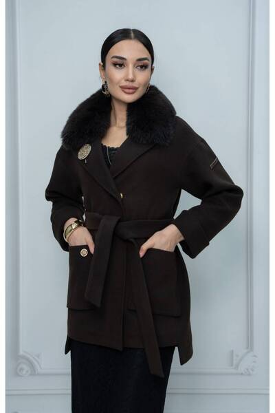 Eccim Fashion Sade Kemerli Çıkarılabilir Kürk Yakalı Broşlu Kısa Kadın Palto ...