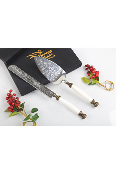 alya home aksesuar Porcelain Handle Rose Detailed Cake Serving Set Antique Style