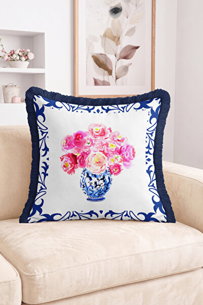 Realhomes Watercolor Flower Bouquet and Blue Tile Vase Patterned Fringed Thro...