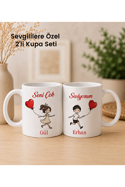 Gülüm baskı Sevgililere Özel 2'li Kupa Seti, Kişiye Özel Sevili Kupası, Hediy...