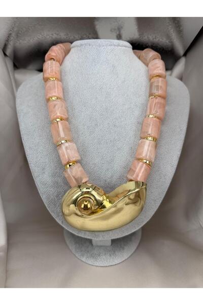 ZS Aksesuar Women's Marble Patterned Bead Necklace Gold Large Metal Detailed ...