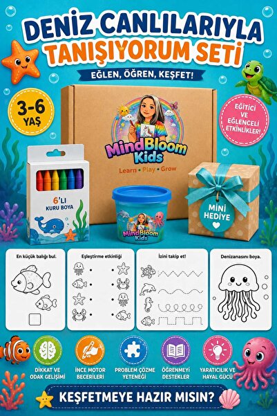 Deniz Canlılarıyla Tanışıyorum Etkinlik Seti | 20 Sayfa | 3-6 Yaş | Oyun Hamuru, 6'lı Kuru Boya ve Mini Hediye
