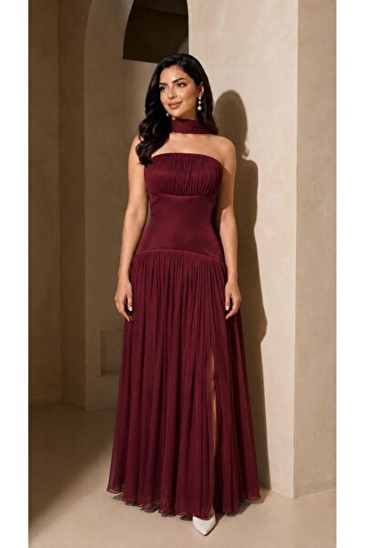 Mar style Chiffon Corset Maxi Evening Dress with Neck Scarf