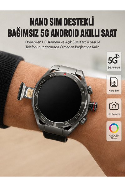 FAROUKİ Kameralı 5G Android Akıllı Saat AMOLED Ekran Wi-Fi GPS SIM Kart Destekli