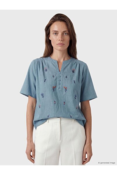 LC Waikiki Lcw Grace Blue Collar Embroidered 100% Cotton Blouse