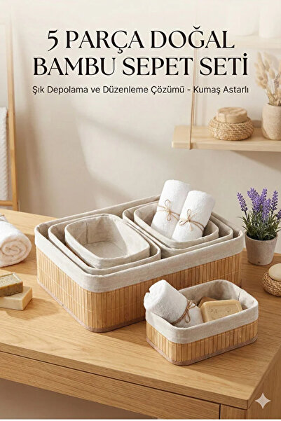 TUMU LIFE Bambu 5’Li Organizer Düzenleyici Sepet Seti Banyo Dolap Mutfak