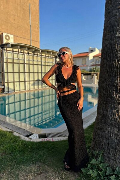 Afitapbutikmoda Dantel Baglama Detaylı Crop Etek Takım Plaj Elbisesi