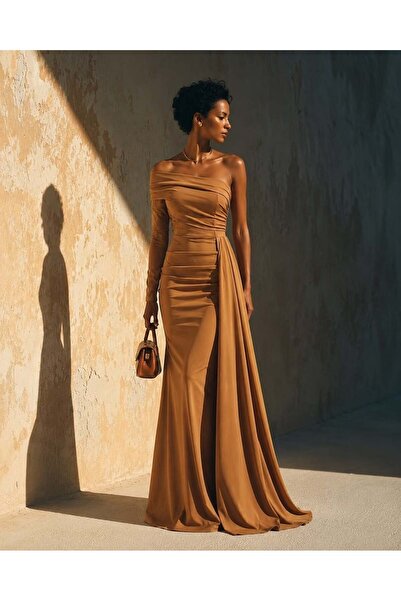 Modafeminen Single Sleeve Strapless Neckline Evening Dress 582241 Taba