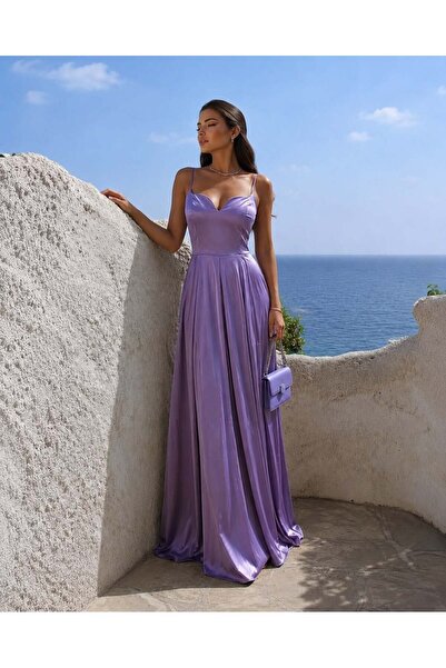 Modafeminen Thin Straps V-Neck Slit Satin Maxi Evening Dress 582235 Purple