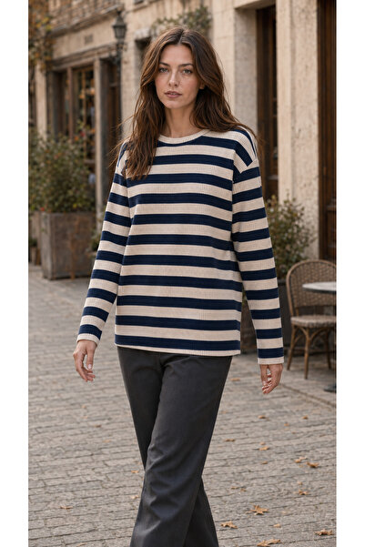 TREND EMMODA Women's Striped Waffle Textured Round Neck Sweatshirt