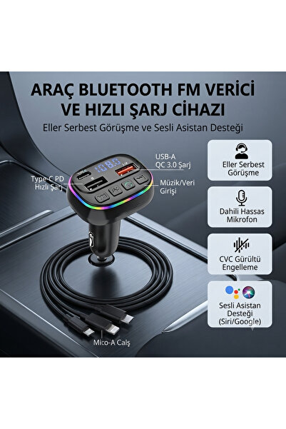 VANCKEY Araç Şarj Cihazı Bluetooth FM Transmitter 3’ü 1 Arada Kablolu Type-C ...