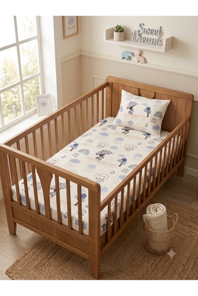 Manora 100% Cotton Baby Elastic Sheet and Pillowcase Set - Rain and Rainbow Pattern (70X120 cm)