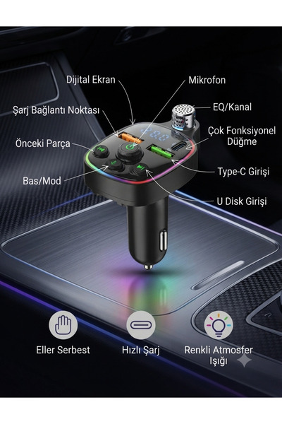 VANCKEY Araç Şarj Cihazı Bluetooth FM Transmitter PD 30W Type-C USB Hızlı Şar...