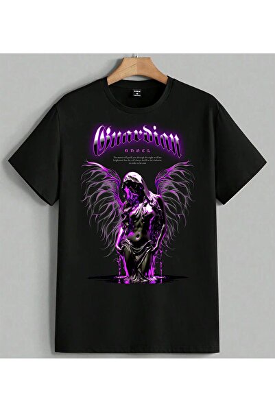 ELFERA Fallen Angel Purple Neon Wings Printed Unisex Oversize T-Shirt Black