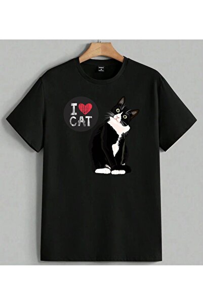 ELFERA تي شيرت I Love Cat مطبوع عليه قطة سوداء وبيضاء للجنسين مقاس كبير باللو...