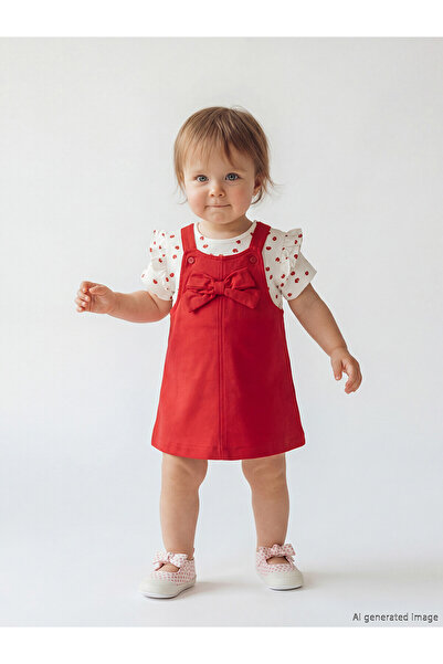 LC Waikiki Nevavm Girl's Gabardine Dress and T-Shirt with Bow in Contrast Color