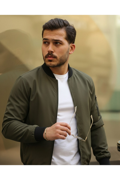 Gökyüzü Moda Men's Lined Zippered Bomber Coat Jacket - Khaki