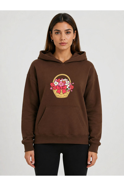 herkesemoda Flower Basket Printed Hooded 2 Thread Threaded Sweatshirt