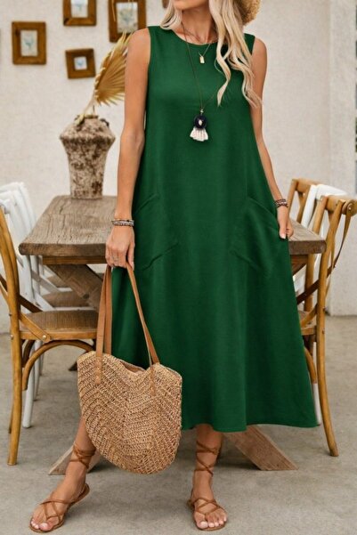 UFC 1985 TOP BRAND Women's Strappy Round Neck Long Dress with Kiloş Pockets
