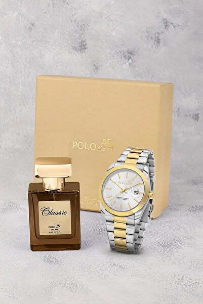Poloair Mercek Takvimli Klasik Erkek Kol Saati Ve 55 ml Parfüm Seti Gold Gümü...